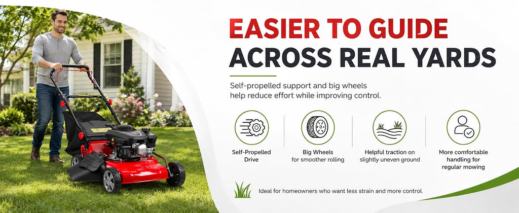 3 in 1 Self Propelled Gas Lawn Mower, 131cc 4-Stroke Engine with 50L Grass Bag &amp; Big Wheels, 3-in-1 Mulching/Side Discharge/Rear Bag, Push Button Start for Medium to LarLawns Red