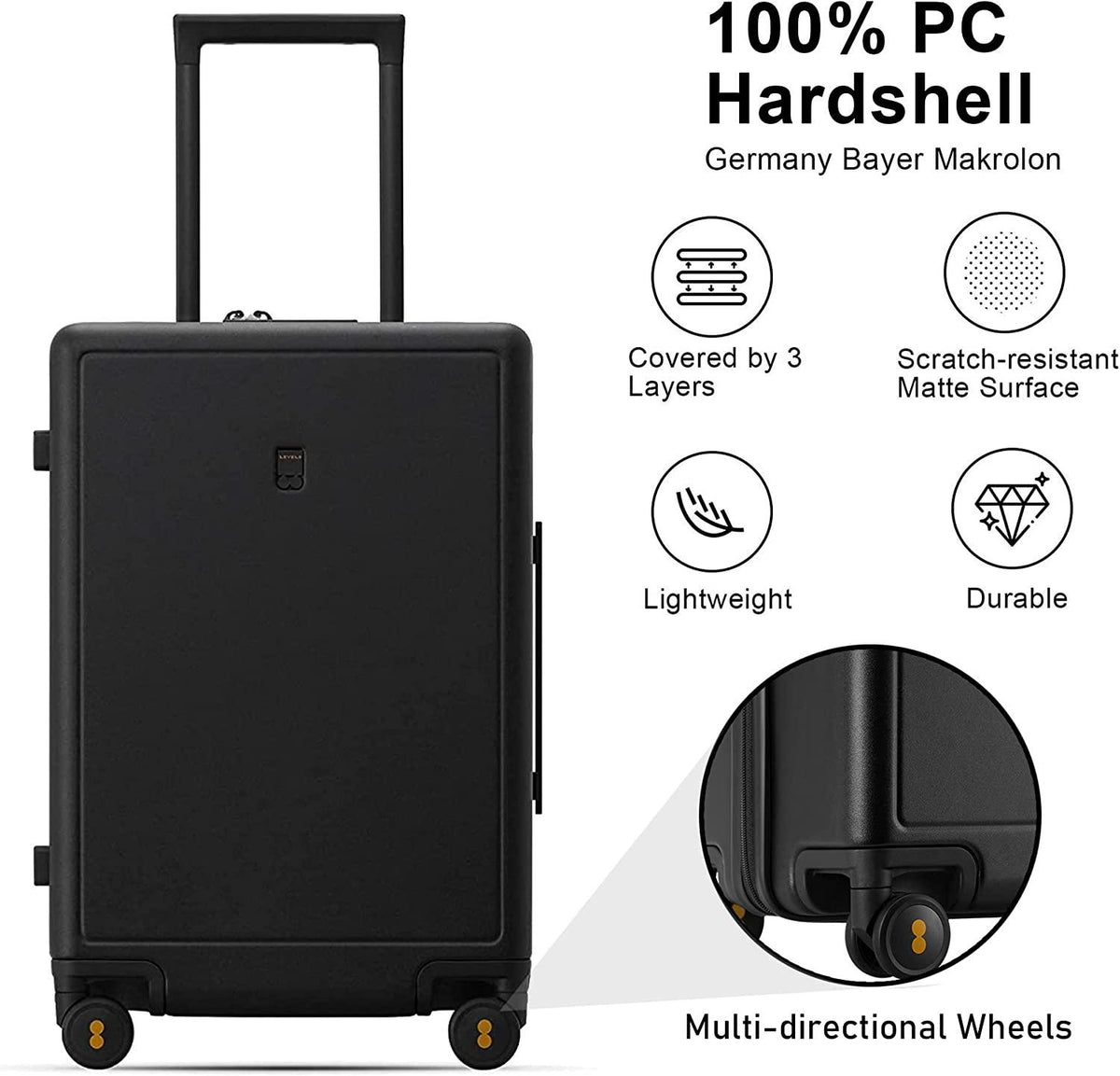 Elegance Carry On Suitcase, 20” Hardside Luggage with TSA Lock, Spinner Wheels-Black, 20-Inch