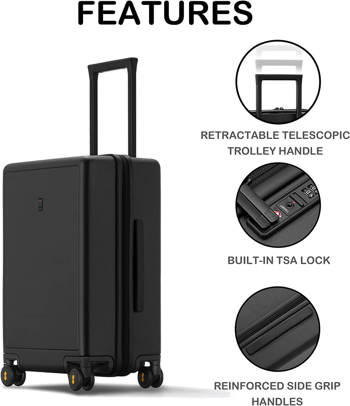 Elegance Carry On Suitcase, 20” Hardside Luggage with TSA Lock, Spinner Wheels-Black, 20-Inch