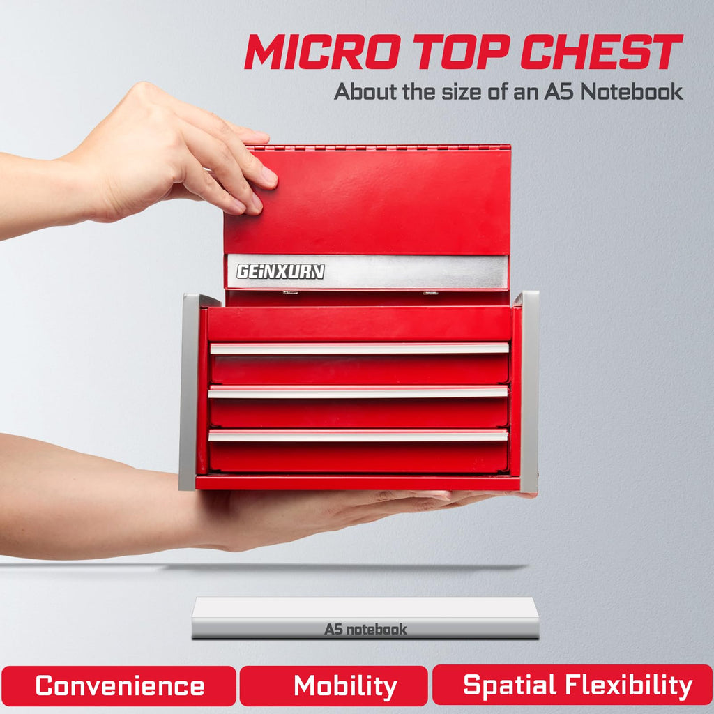 3-Drawer Rolling Red Tool Box, Heavy Duty Micro Roll Cab Steel Stackable Tool Chest with Lockable Drawers, LarCapacity Tool Cabinet for Garage, Workshop, Truck