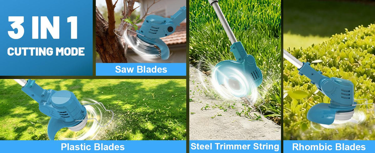 21V Electric Weed Wacker Cordless Weed Eater Battery Powered, String Trimmer Battery Operated, Lightweight 4 in 1 Grass Trimmer/Brush Cutter/Lawn Edger/Mower with Metal Blades &amp; Wheels for Garden Yard