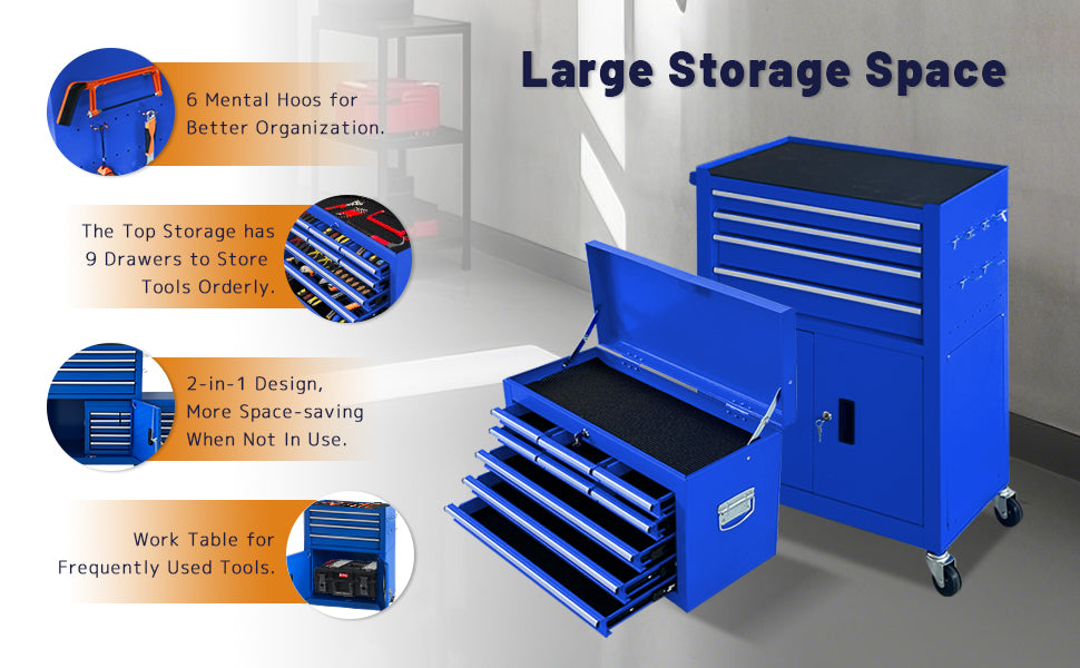 13-Drawer Rolling Tool Chest with Double Doors, 2 in 1 Detachable Rolling Tool Chest Combo, Mobile Tool Cabinet with Drawers, Metal LarLockable Tool Box for GaraWorkshop (Blue)