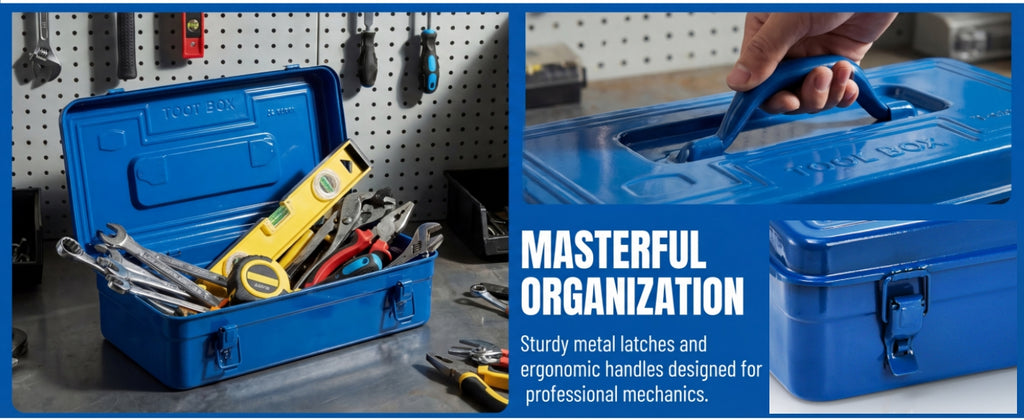 Portable Steel Tool Box, 16 Inch Metal Tool Organizer Box with Double Latch Closure and Handle, Heavy Duty StoraToolbox Chest for Workshop, Garage, Warehouse, Household, Blue