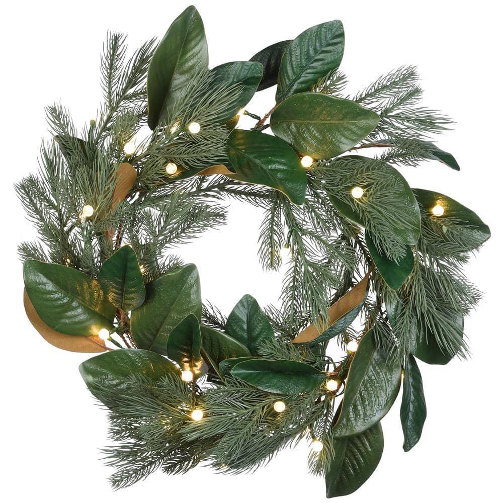 24 in. Magnolia Mix Pine Artificial Christmas Wreath with 35 Battery Operated LED Lights