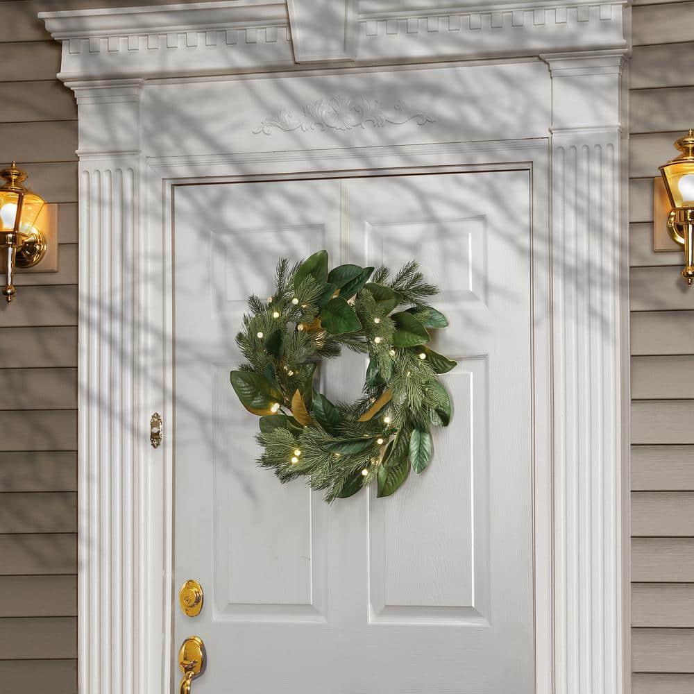 24 in. Magnolia Mix Pine Artificial Christmas Wreath with 35 Battery Operated LED Lights