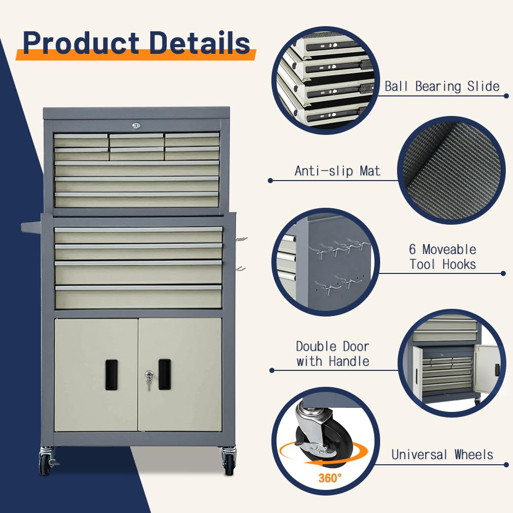 13-Drawer Double Door Rolling Tool Chest, 2 in 1 Detachable Tool Chest,Tool Box with Drawers and Wheels, LarTool Cabinet with Lock, Metal Standing Toolbox for GaraWorkshop-Gray&White
