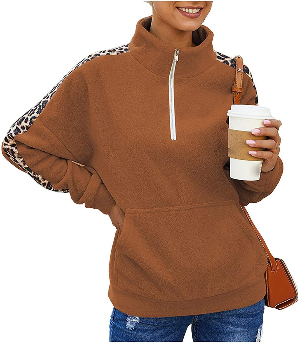 Womens Warm Cozy High Neck Long Sleeve Leopard 1/4 Zip Pullover Sweatshirts