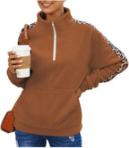 Womens Warm Cozy High Neck Long Sleeve Leopard 1/4 Zip Pullover Sweatshirts