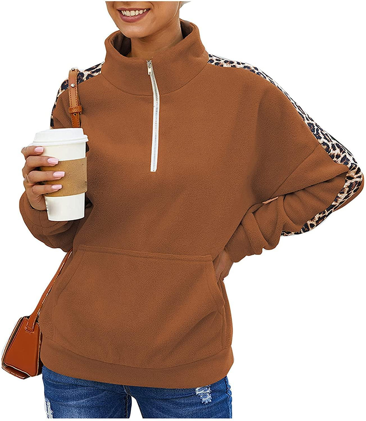 Womens Warm Cozy High Neck Long Sleeve Leopard 1/4 Zip Pullover Sweatshirts