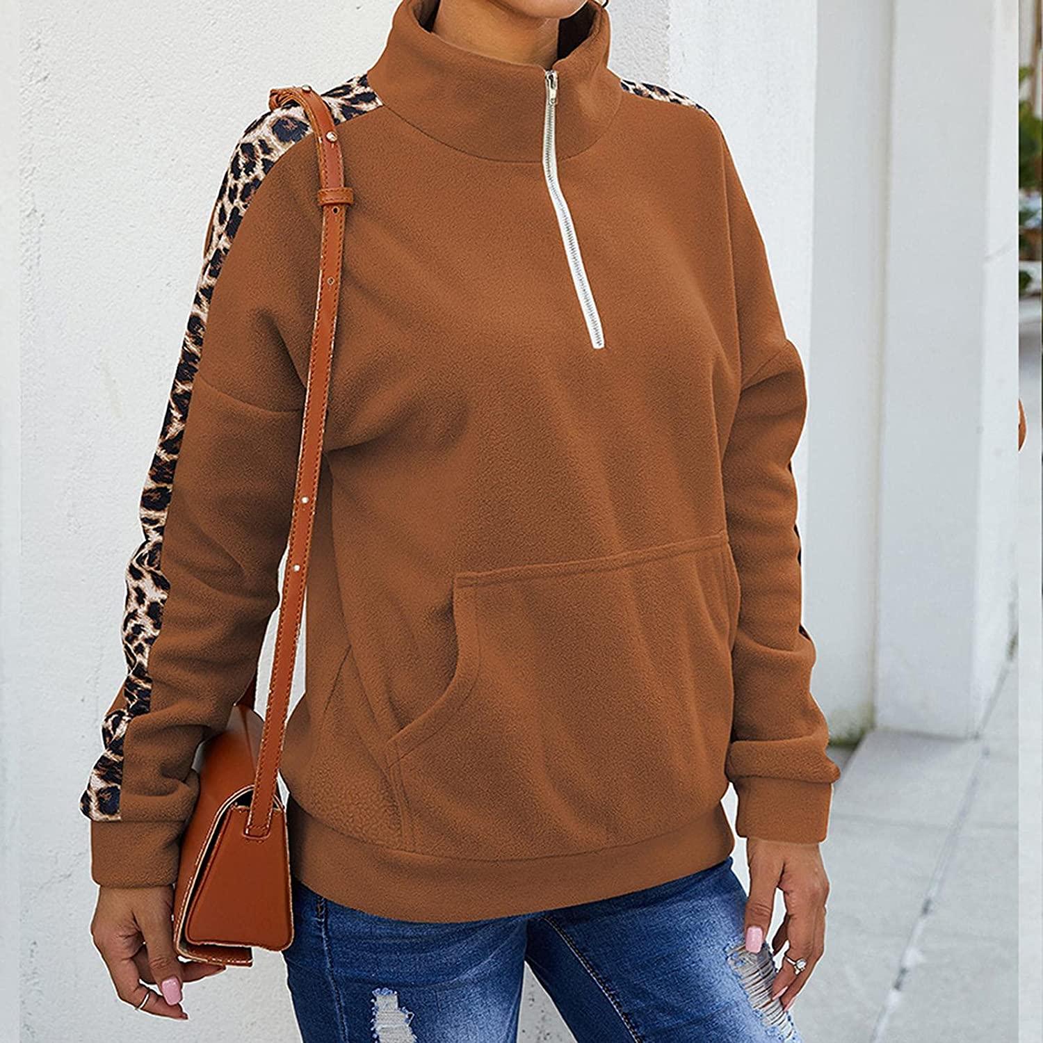 Womens Warm Cozy High Neck Long Sleeve Leopard 1/4 Zip Pullover Sweatshirts