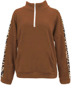 Womens Warm Cozy High Neck Long Sleeve Leopard 1/4 Zip Pullover Sweatshirts