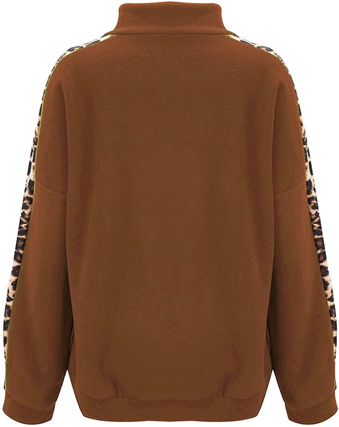 Womens Warm Cozy High Neck Long Sleeve Leopard 1/4 Zip Pullover Sweatshirts