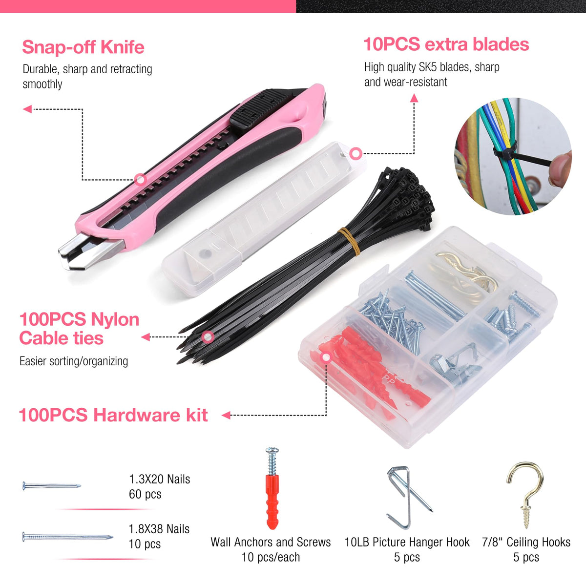 Pink Tool Set, 277 PCS Home Repairing Tool Kit, Pink Tool Bag with 13-Inch Wide Mouth Open StoraBag, Portable Home Tool Kit Including Hammer, Screwdriver, and Household Tools - Pink Ribbon
