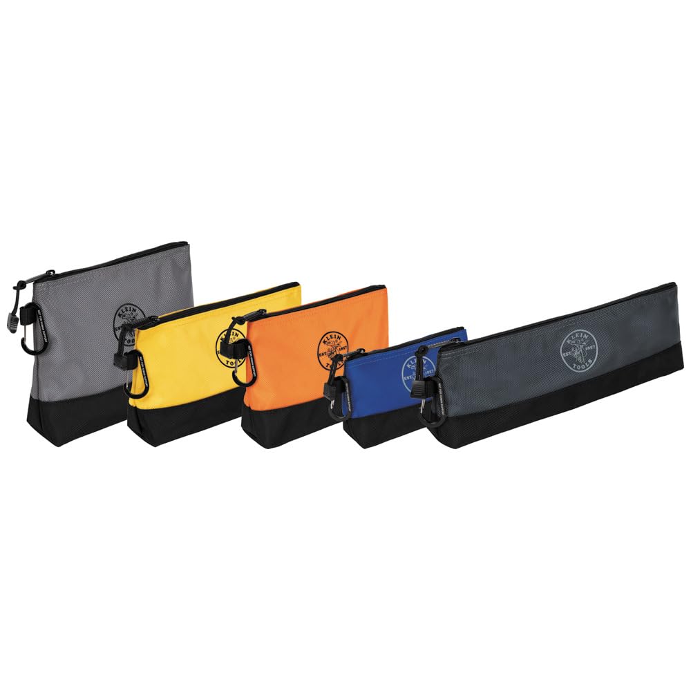55569 Stand-Up Zipper Bag Tool Pouch with Carabiners, Reinforced Gusseted Bottoms, Water Resistant 1680d, Multi-Size 5-Pack