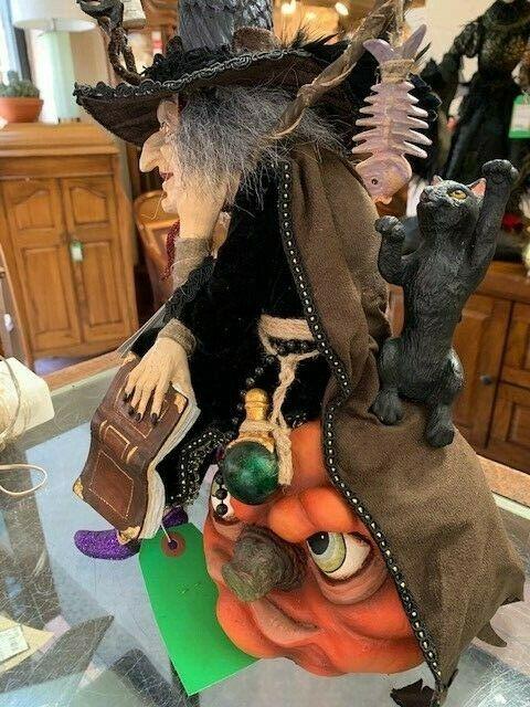 16" Katherine's Collection Halloween Winona Witch Cat on Pumpkin NIB