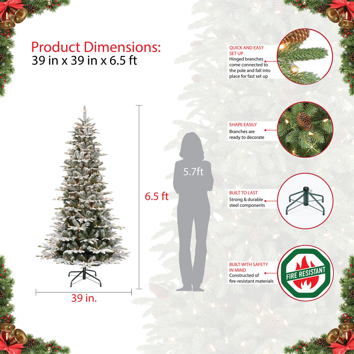 Puleo International 6.5 ft. Pre-Lit Slim Flocked Aspen Fir Artificial Christmas Tree with 450 UL-Listed Clear Lights