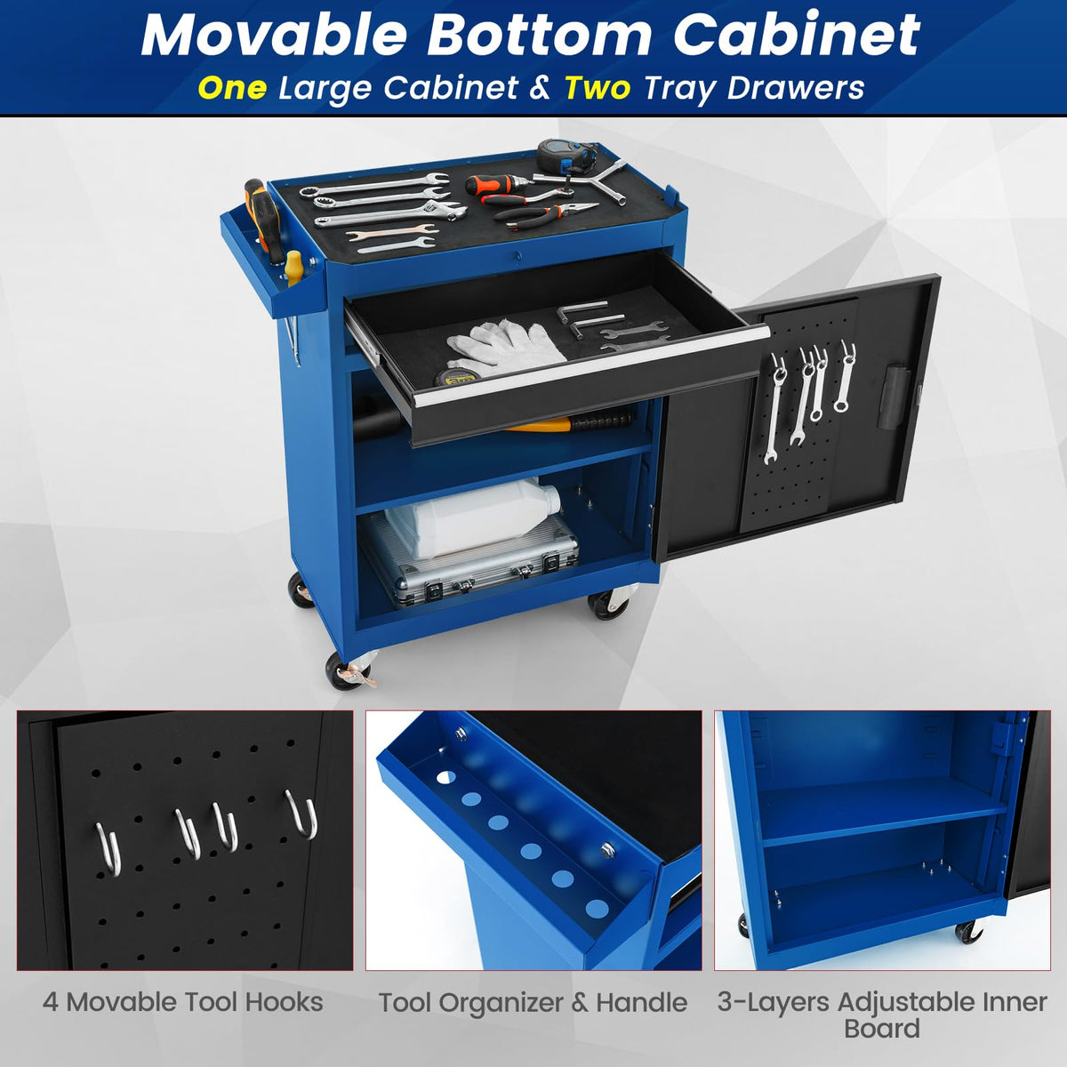 Rolling Tool Chest, 5-Drawer Tool Box Organizer w/Lockable Wheels & Sliding Drawers & Detachable Top & Adjustable Shelf, Tool StoraCabinet for GaraWorkshop (Blue)
