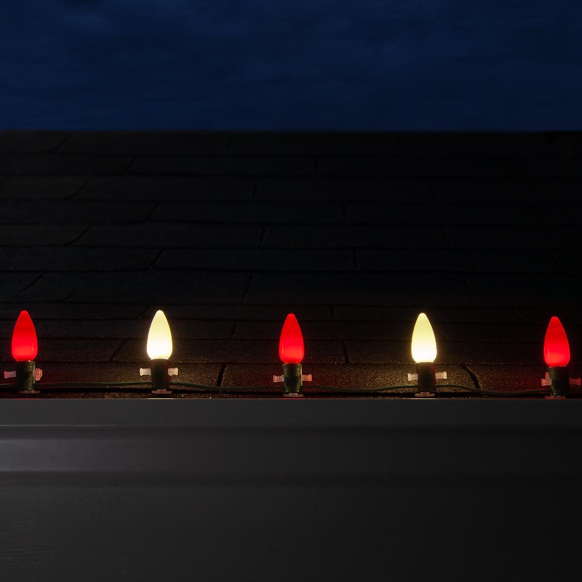 Opticore LED C9 Smooth Ceramic-Style Red and Warm White Christmas Lights with Shatterproof Christmas Bulbs, 50 Lights, 50’