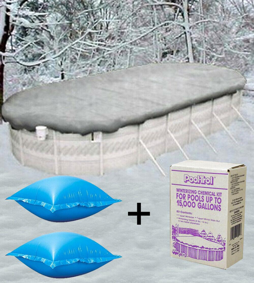 18'x34' oval above ground winter pool cover + 4'x4’ air pillow + winterize kit