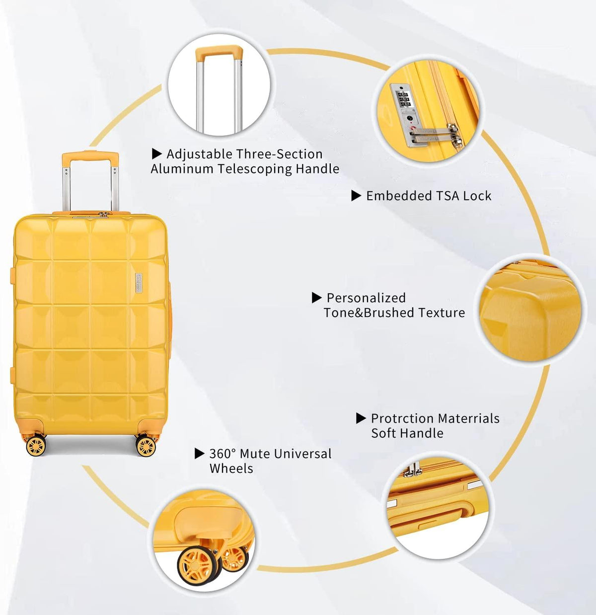 Luggage Sets, Suitcase with Spinner Wheels, Hardside Large Hard Shell 3 Piece Luggage Set, Rolling Travel Suitcases with TSA Lock (Yellow,20/24/28)
