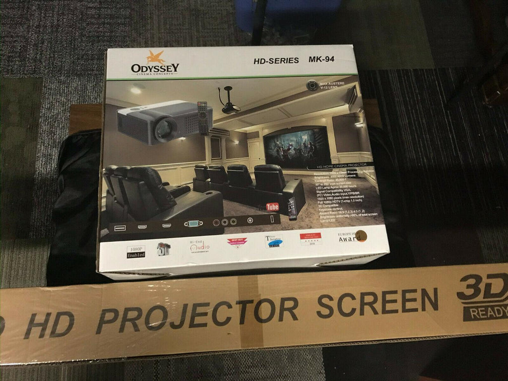 new odyssey high definition tv projector mk-94 hd &amp; rt-90 3d hd 72" 3d screen