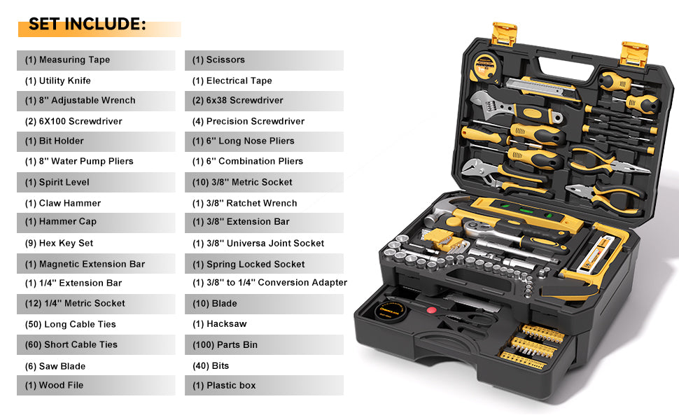 328 Piece Tool Kit for Home,Hand Repair Tool Set,Toolbox StoraCase with Drawer,General Household/Auto Tool Kit,Perfect for Homeowner, DIY, Handyman