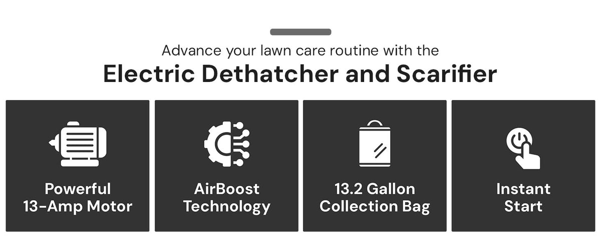 15-Inch Electric Powered Lawn Dethatcher with Scarifier Blade Reel and Collection Bag - 13-Amp Corded Yard Power Rake Tool Machine for Grass Thatch Removal, AJ805E
