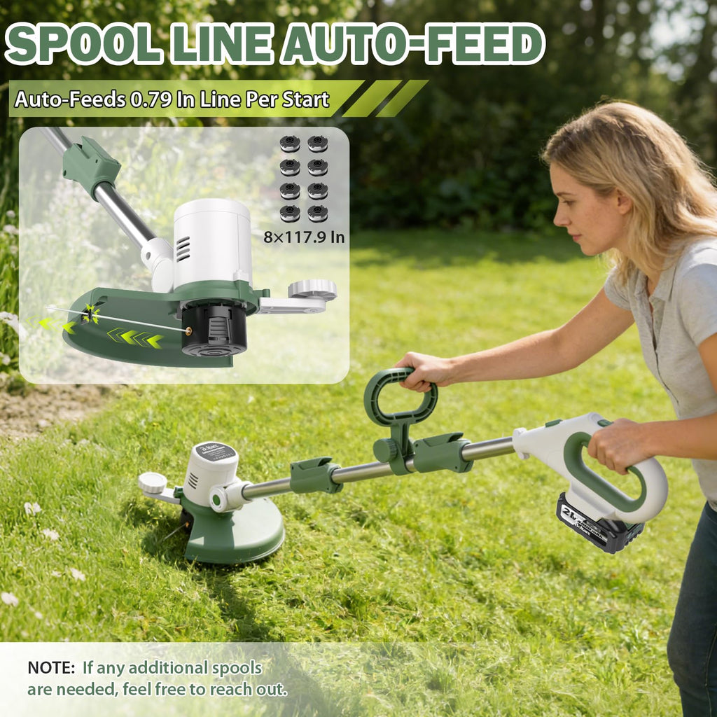 21V 3-in-1 Cordless Weed Wacker Eater-Weeding/Trimming/Lawn Mower, with 8 Replace Auto Line Feed, Electric Grass Trimmer for Garden, Lawn, 120 Mins of Non-Stop (2x4.0 mAh Battery Included)