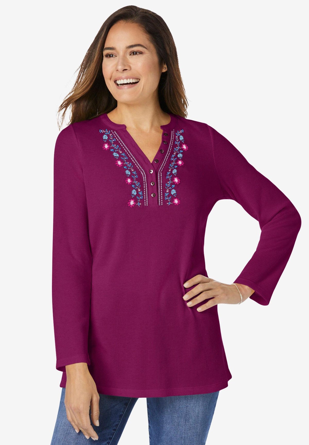 embroidered thermal henley tee