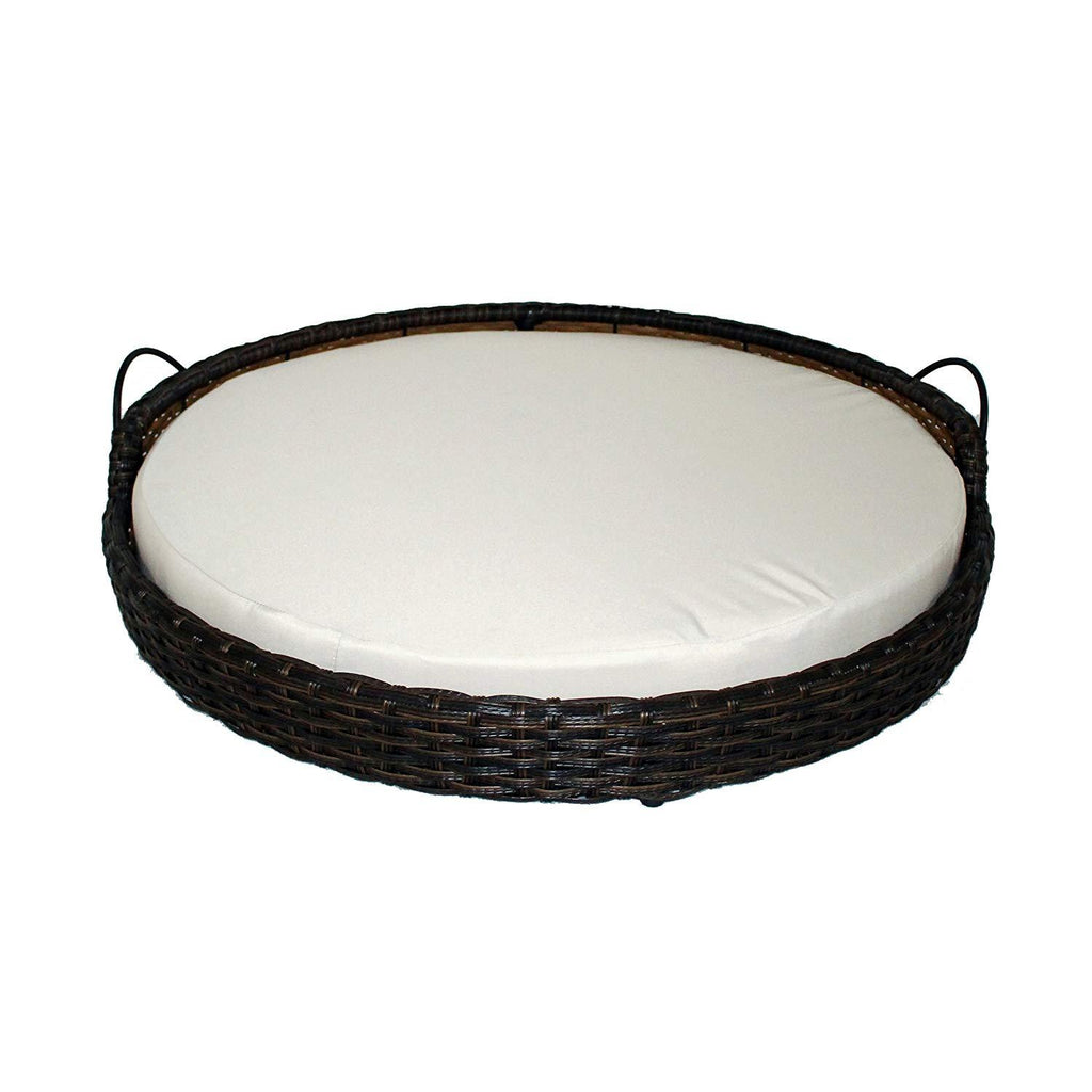 Iconic Pet Rattan / Wicker Round Pet Bed with Handles in Varying Sizes, Dog /Cat Bed made of Woven, Pliable Rattan, Metal Frame Chaise, Indoor / Outdoor LounFurniture, Water Resistant Cushion Cover