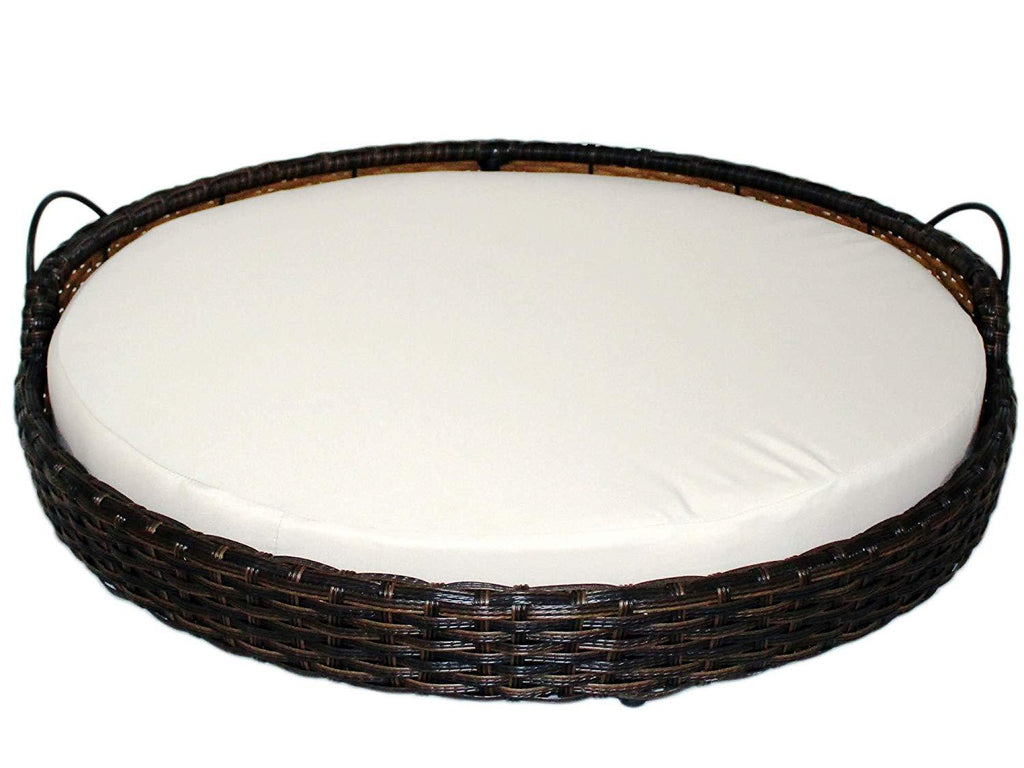 Iconic Pet Rattan / Wicker Round Pet Bed with Handles in Varying Sizes, Dog /Cat Bed made of Woven, Pliable Rattan, Metal Frame Chaise, Indoor / Outdoor LounFurniture, Water Resistant Cushion Cover