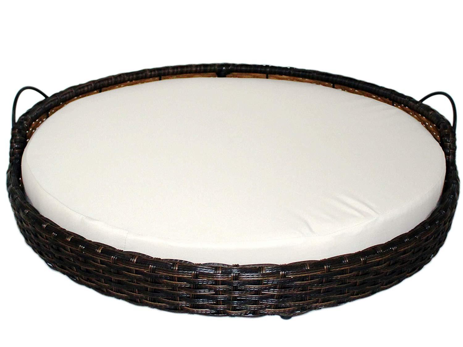 Iconic Pet Rattan / Wicker Round Pet Bed with Handles in Varying Sizes, Dog /Cat Bed made of Woven, Pliable Rattan, Metal Frame Chaise, Indoor / Outdoor LounFurniture, Water Resistant Cushion Cover