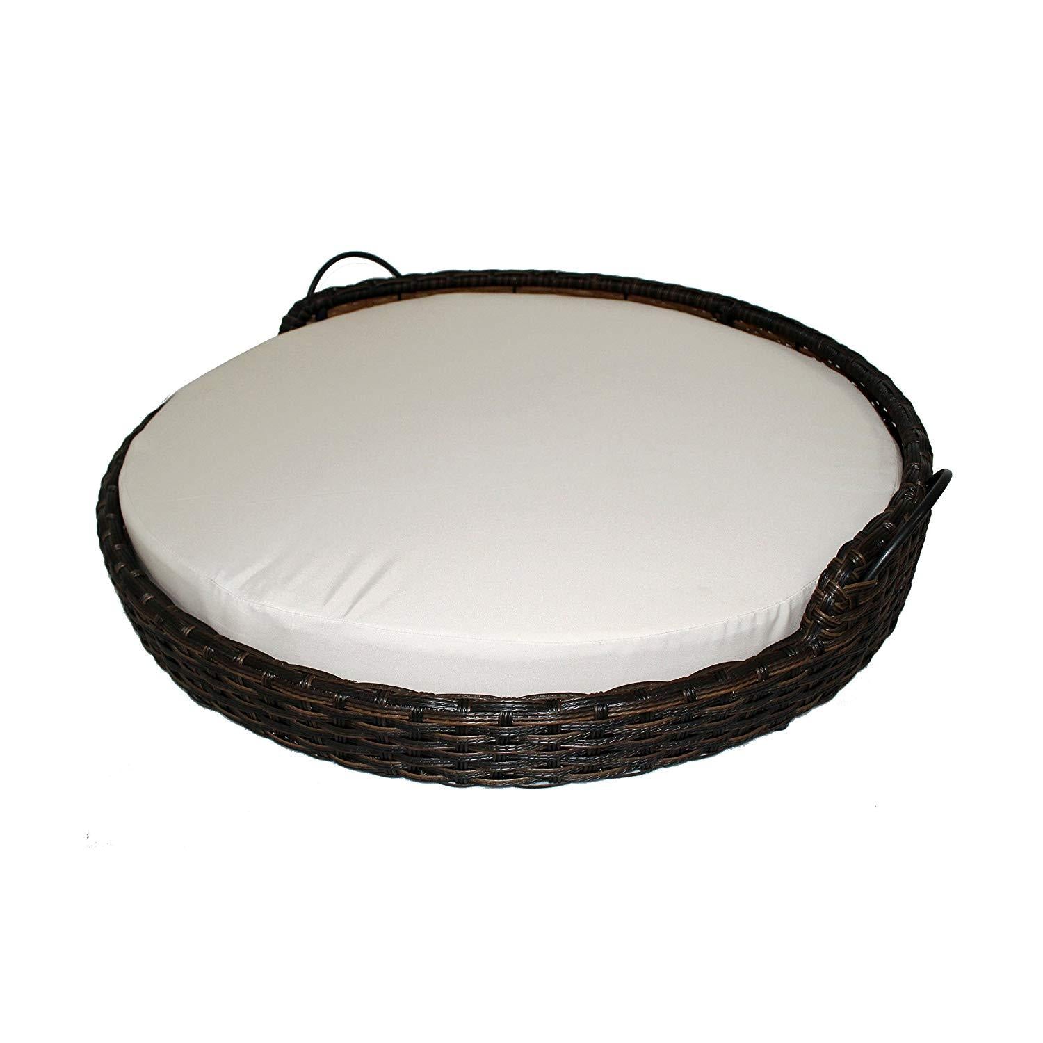 Iconic Pet Rattan / Wicker Round Pet Bed with Handles in Varying Sizes, Dog /Cat Bed made of Woven, Pliable Rattan, Metal Frame Chaise, Indoor / Outdoor LounFurniture, Water Resistant Cushion Cover
