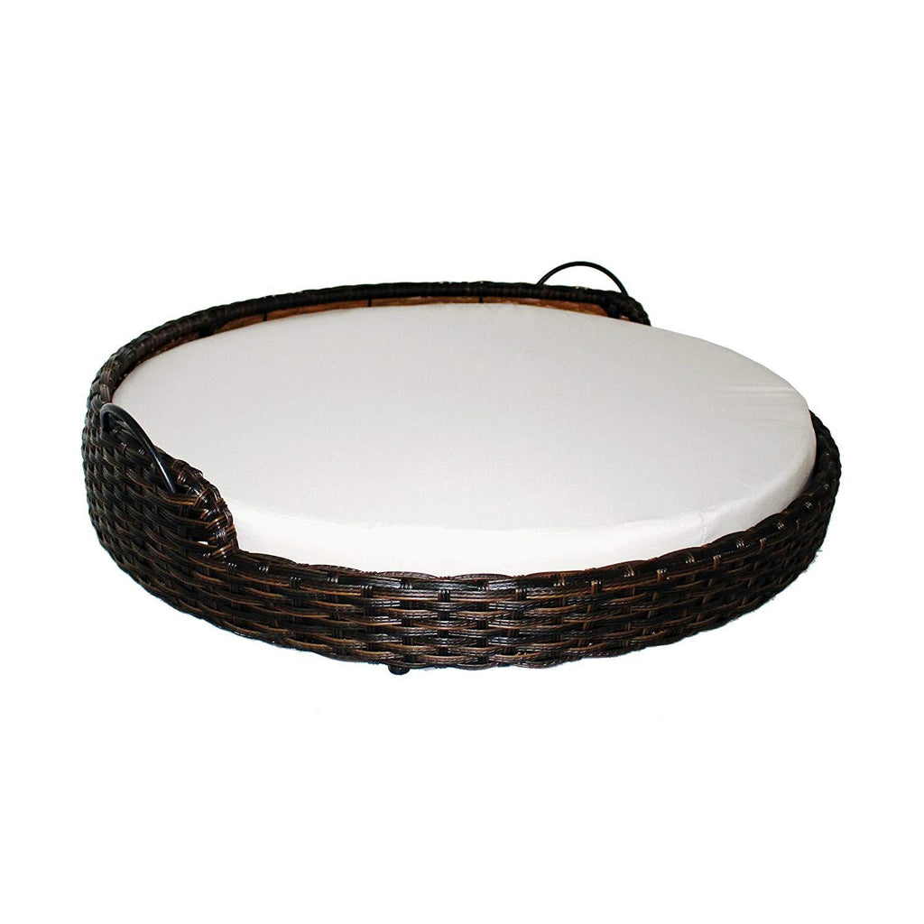 Iconic Pet Rattan / Wicker Round Pet Bed with Handles in Varying Sizes, Dog /Cat Bed made of Woven, Pliable Rattan, Metal Frame Chaise, Indoor / Outdoor LounFurniture, Water Resistant Cushion Cover