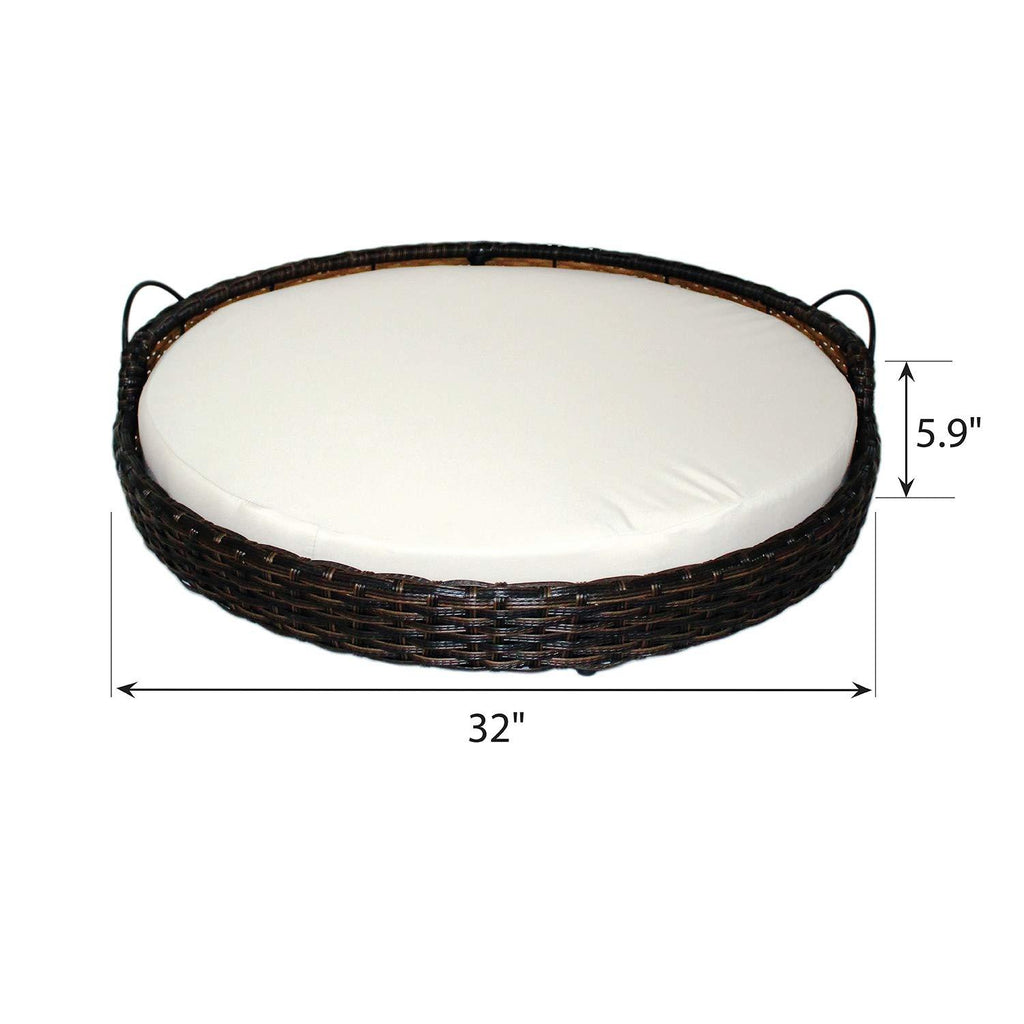 Iconic Pet Rattan / Wicker Round Pet Bed with Handles in Varying Sizes, Dog /Cat Bed made of Woven, Pliable Rattan, Metal Frame Chaise, Indoor / Outdoor LounFurniture, Water Resistant Cushion Cover