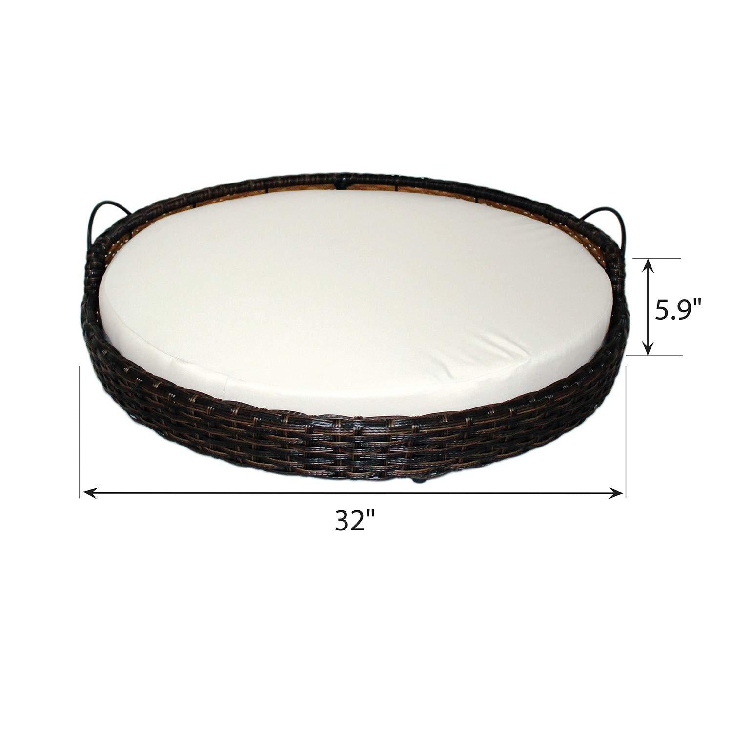 Iconic Pet Rattan / Wicker Round Pet Bed with Handles in Varying Sizes, Dog /Cat Bed made of Woven, Pliable Rattan, Metal Frame Chaise, Indoor / Outdoor LounFurniture, Water Resistant Cushion Cover