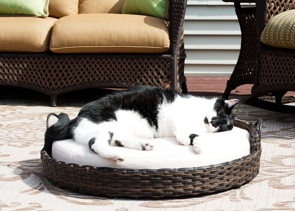 Iconic Pet Rattan / Wicker Round Pet Bed with Handles in Varying Sizes, Dog /Cat Bed made of Woven, Pliable Rattan, Metal Frame Chaise, Indoor / Outdoor LounFurniture, Water Resistant Cushion Cover