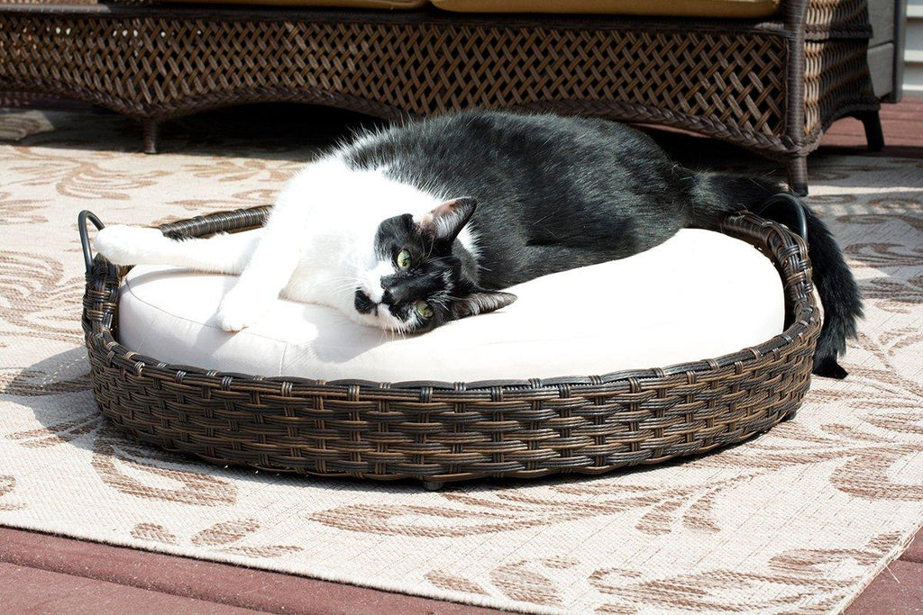Iconic Pet Rattan / Wicker Round Pet Bed with Handles in Varying Sizes, Dog /Cat Bed made of Woven, Pliable Rattan, Metal Frame Chaise, Indoor / Outdoor LounFurniture, Water Resistant Cushion Cover
