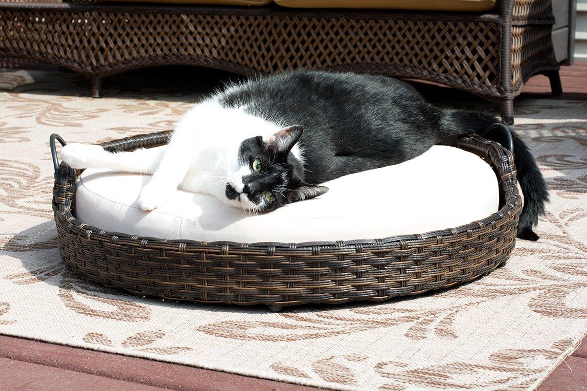 Iconic Pet Rattan / Wicker Round Pet Bed with Handles in Varying Sizes, Dog /Cat Bed made of Woven, Pliable Rattan, Metal Frame Chaise, Indoor / Outdoor LounFurniture, Water Resistant Cushion Cover