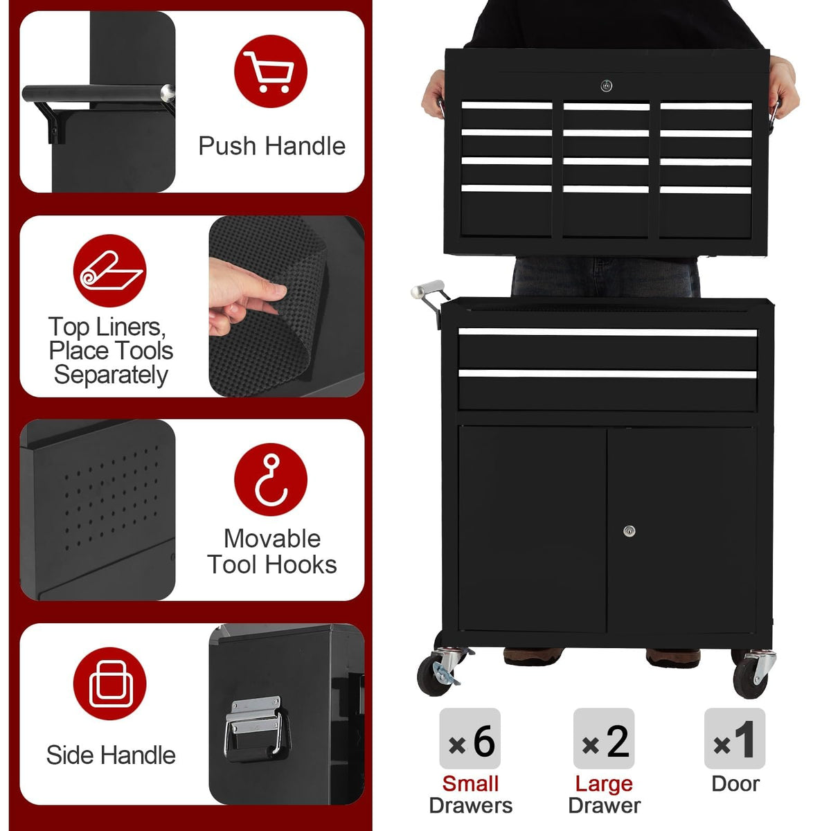 8-Drawer Rolling Tool Chest, 2-in-1 High Capacity Removable Cabinet StoraTool Box with Wheels and Drawers, Detachable Toolbox with Lock for Workshop Mechanics Gara(Black)