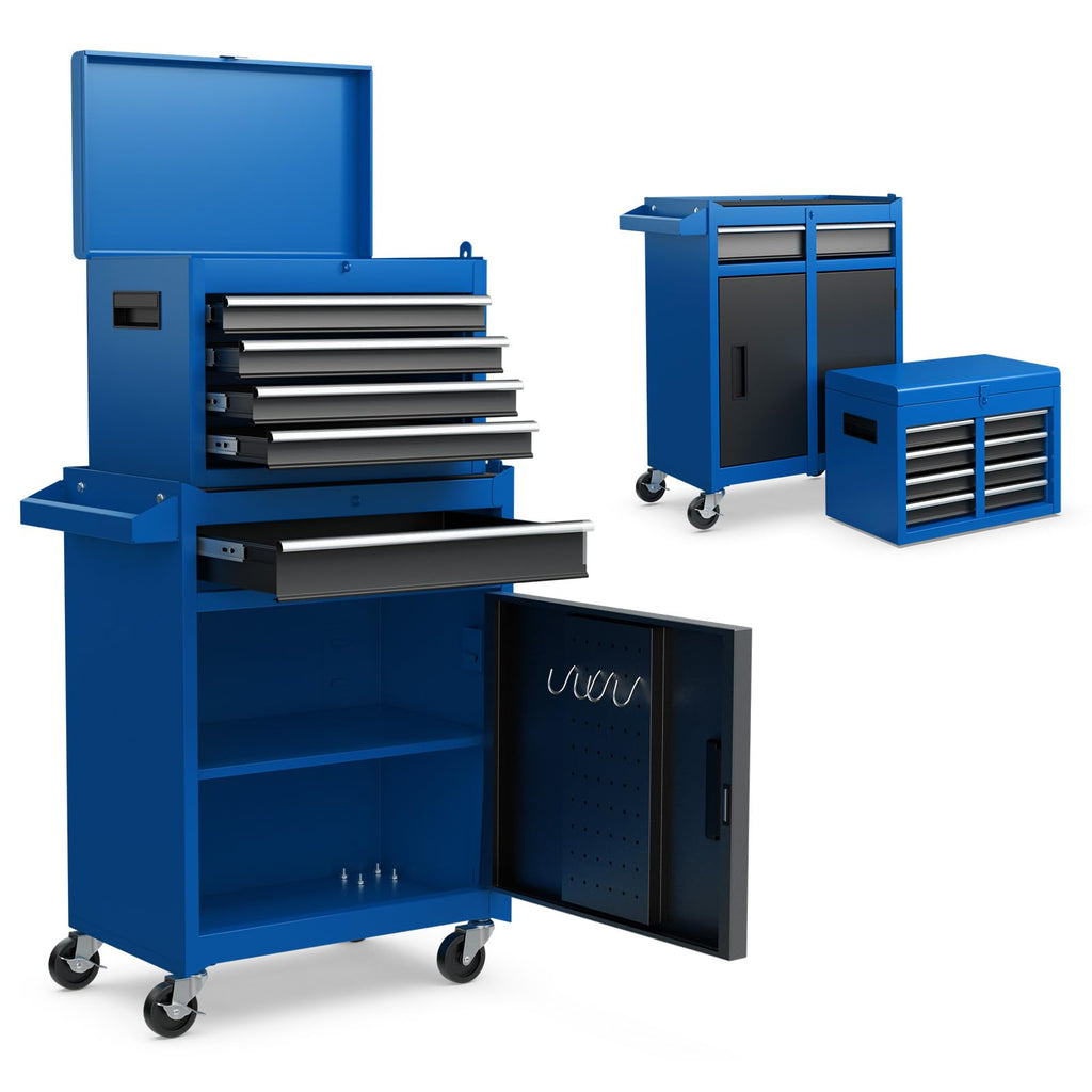 Rolling Tool Chest, 5-Drawer Tool Box Organizer w/Lockable Wheels & Sliding Drawers & Detachable Top & Adjustable Shelf, Tool StoraCabinet for GaraWorkshop (Blue)