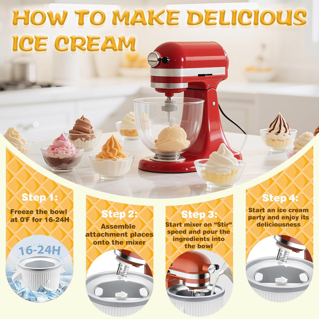 Ice Cream Maker Attachment for  4.5/5QT & 6QT Mixers, Frozen Ice Cream & Sorbet Gelato Maker for , 2 Quart, White, Not Dishwasher Safe
