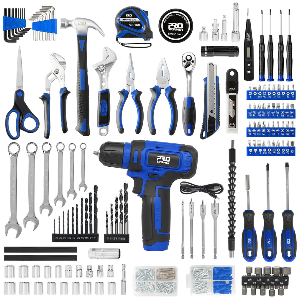 Tool Set with 8V Cordless Drill, 369-Piece Home Tool Kit with Drill Driver, Toolbox StoraCase with Drawer, General Household Tools for Home Repairs and DIY, Handyman (Blue)