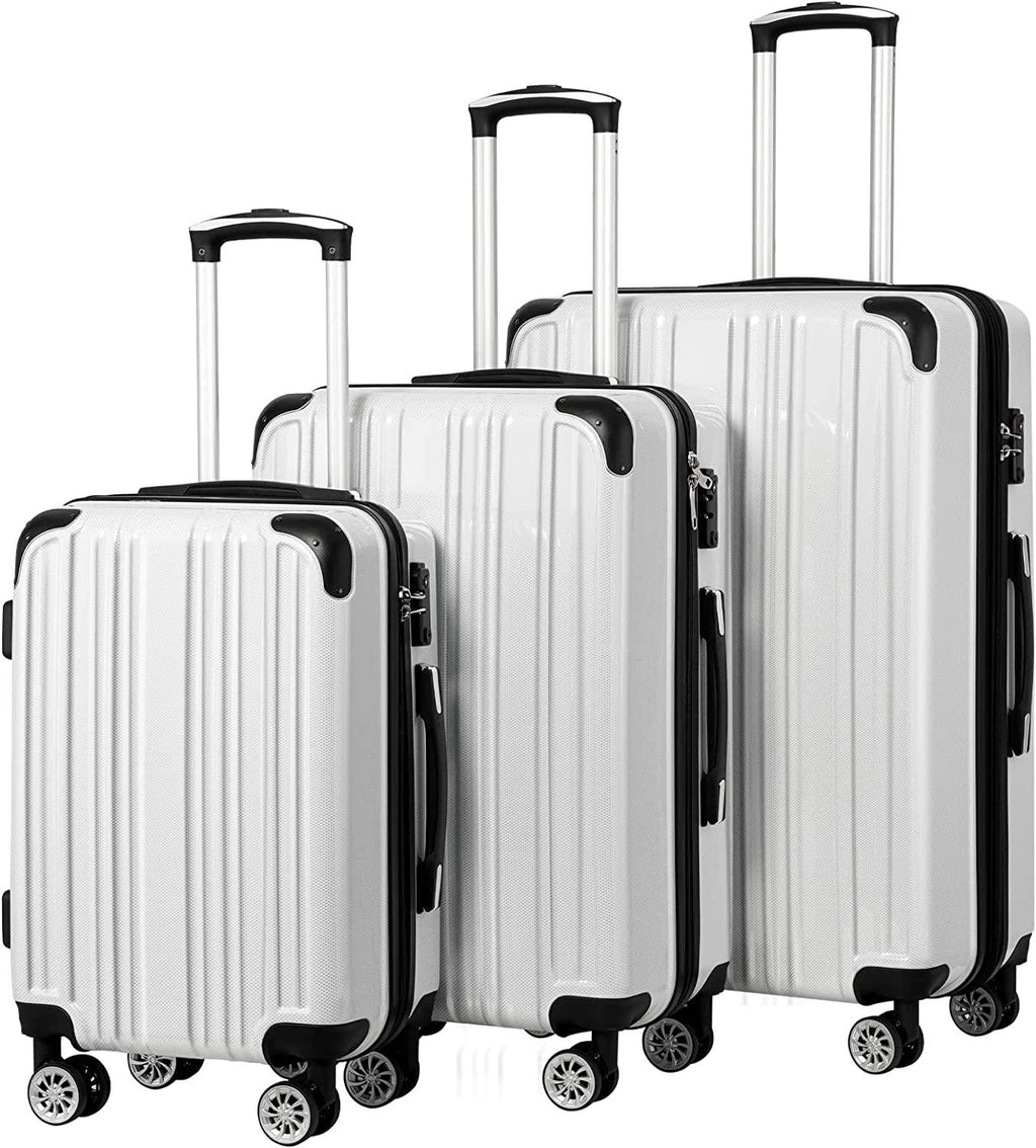 Luggage Expandable 3 Piece Sets PC+ABS Spinner Suitcase 20 inch 24 inch 28 inch (white grid)