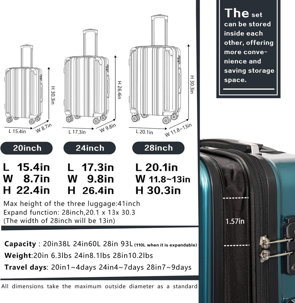 Luggage Expandable 3 Piece Sets PC+ABS Spinner Suitcase 20 inch 24 inch 28 inch (white grid)