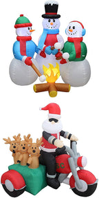 Two Christmas Party Decorations Bundle, Includes 5 Foot Tall HuChristmas Inflatable Snowmen Snowman Campfire Camping, and 5 Foot Christmas Inflatable Santa Claus and Three Reindeer on Motorcycle