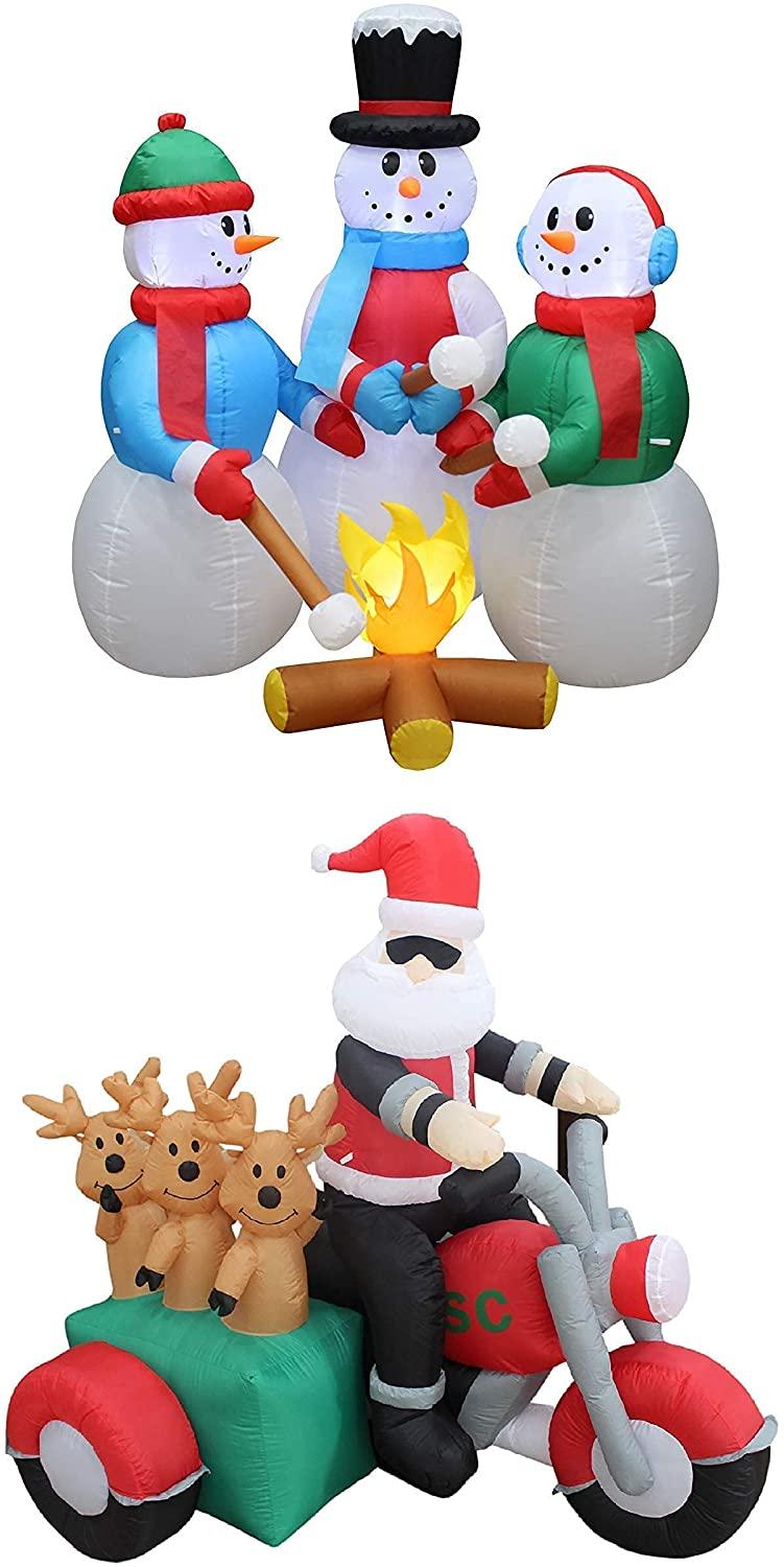 Two Christmas Party Decorations Bundle, Includes 5 Foot Tall HuChristmas Inflatable Snowmen Snowman Campfire Camping, and 5 Foot Christmas Inflatable Santa Claus and Three Reindeer on Motorcycle