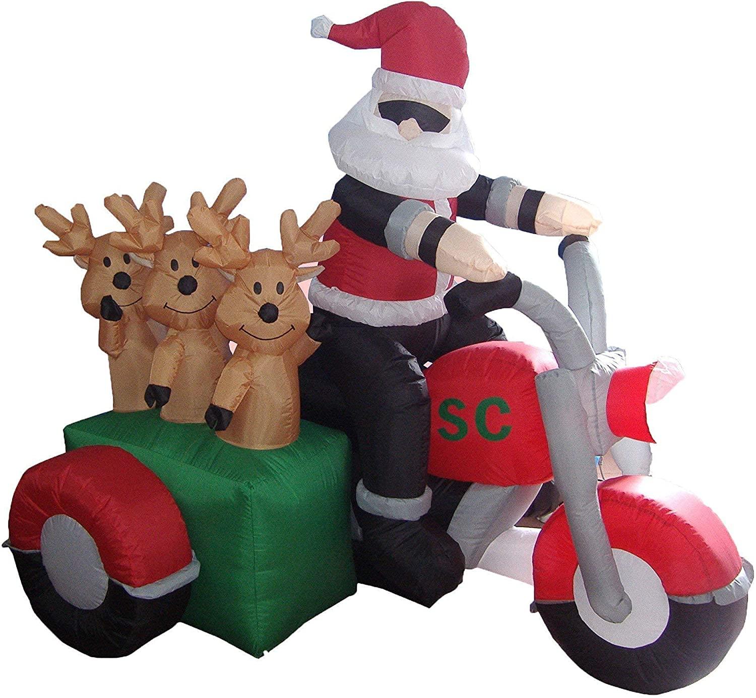 Two Christmas Party Decorations Bundle, Includes 5 Foot Tall HuChristmas Inflatable Snowmen Snowman Campfire Camping, and 5 Foot Christmas Inflatable Santa Claus and Three Reindeer on Motorcycle