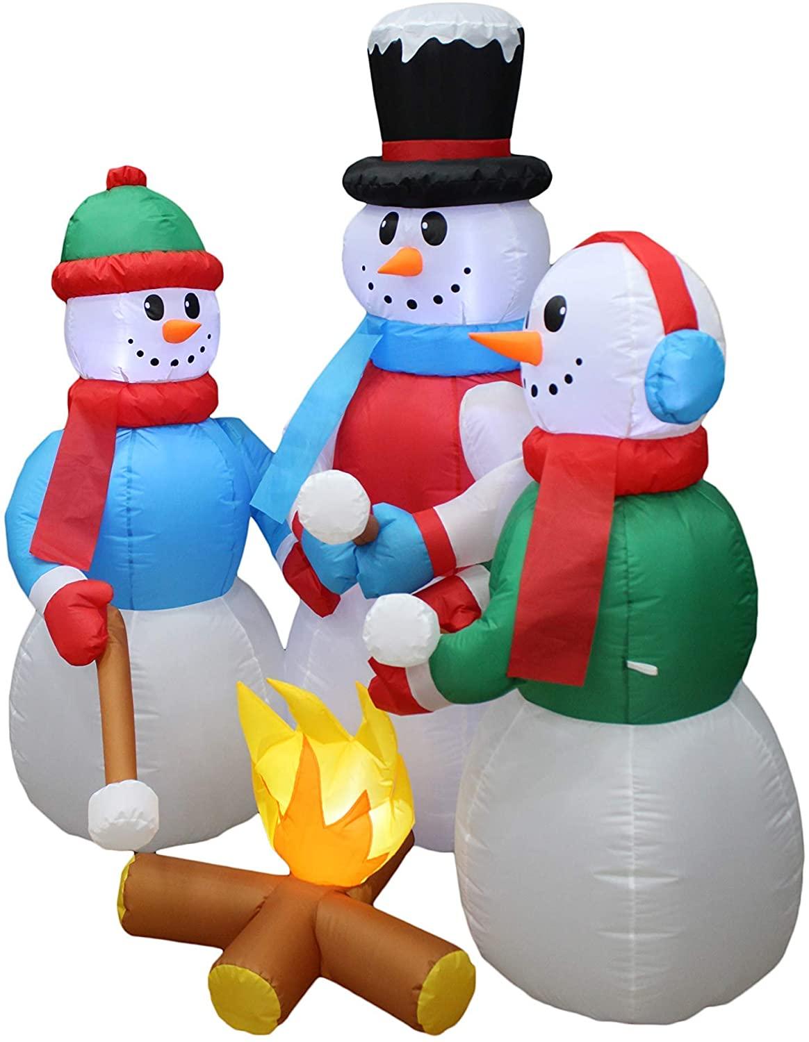 Two Christmas Party Decorations Bundle, Includes 5 Foot Tall HuChristmas Inflatable Snowmen Snowman Campfire Camping, and 5 Foot Christmas Inflatable Santa Claus and Three Reindeer on Motorcycle