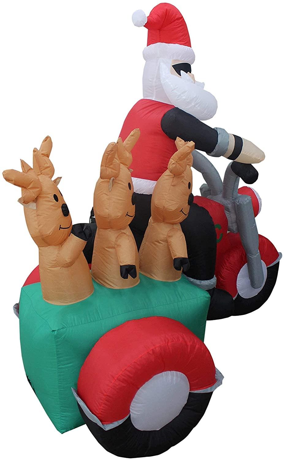 Two Christmas Party Decorations Bundle, Includes 5 Foot Tall HuChristmas Inflatable Snowmen Snowman Campfire Camping, and 5 Foot Christmas Inflatable Santa Claus and Three Reindeer on Motorcycle